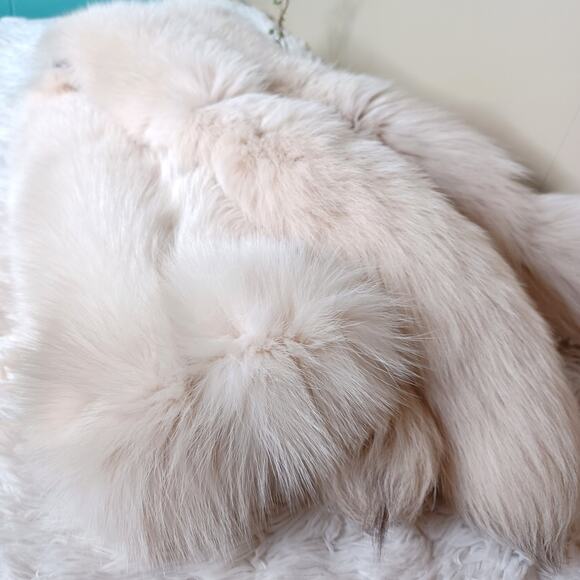 Real Luxurious Natural Beige Fox Warmth Fur Double Sided Boa Stole Scarf Tails - Picture 11 of 13